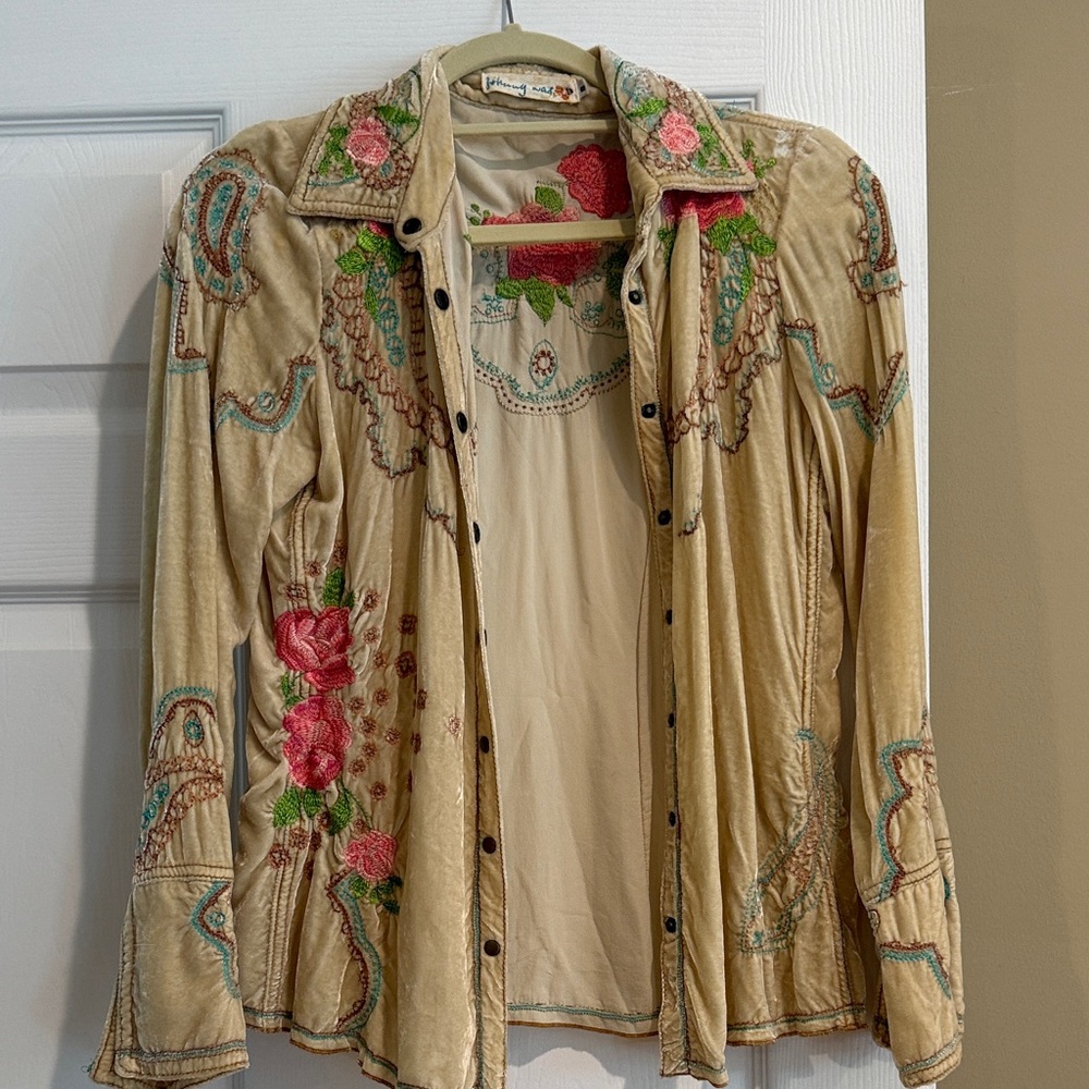 Johnny Was Beige Jacket with Pink and Green Embroidery
